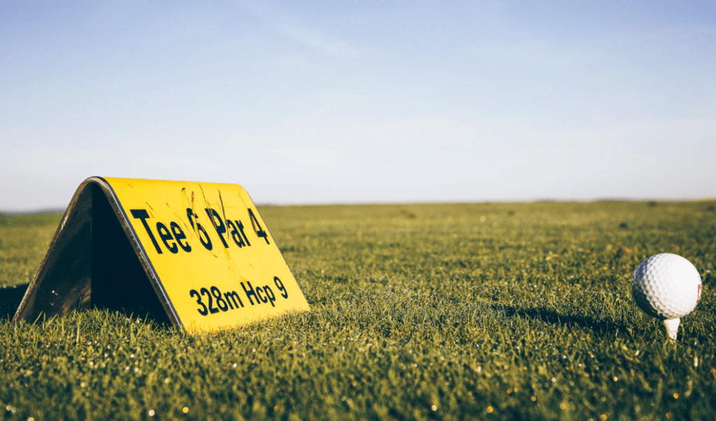 par lengths change as drives get longer, tee 6 par 4 sign on golf course